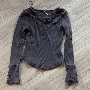Free People Charcoal Black Waffle Knit Lace-Trim Long Sleeve Top